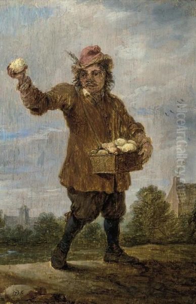 A Fruit Seller In A Landscape, A Village Beyond Oil Painting by David The Younger Teniers