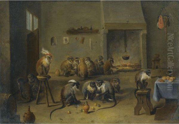 Monkeys In A Kitchen Oil Painting by David The Younger Teniers