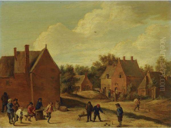 A Village Street With Peasants Playing Bowls Oil Painting by David The Younger Teniers