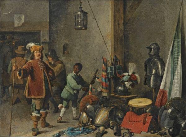 A Guardroom Interior With A Self-portrait Of The Artist Oil Painting by David The Younger Teniers