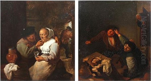 Couple Seated In An Inn, Together With Anotherof An Upset Card Game Oil Painting by David The Younger Teniers