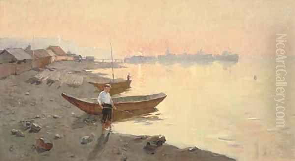 Fishing at sunset Oil Painting by Russian School