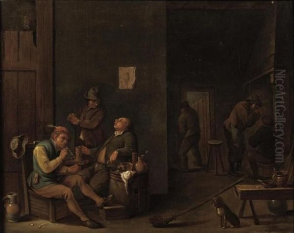 Boors Smoking And Drinking In An Interior Oil Painting by David The Younger Teniers