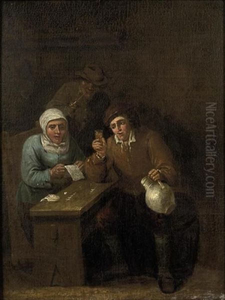 Two Men And A Women Drinking And Playing A Game At A Table In Aninn Oil Painting by David The Younger Teniers