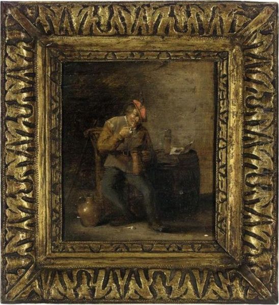 A Boor Smoking And Drinking In An Interior Oil Painting by David The Younger Teniers