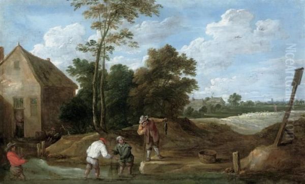 Peasants Fishing In A Stream By A Cottage Oil Painting by David The Younger Teniers