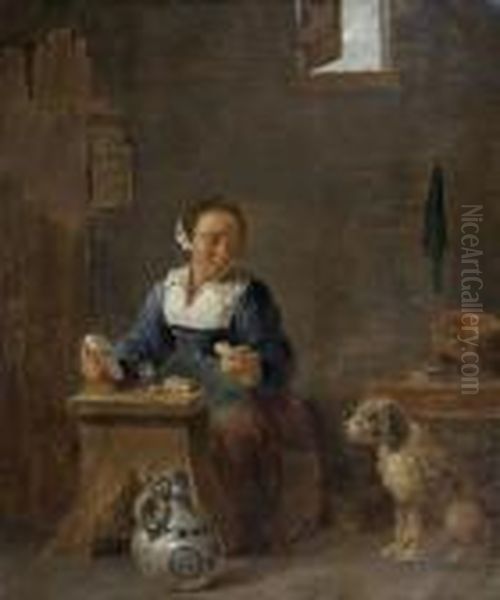 Une Femme Dans Un Interieur Avec Un Chien Oil Painting by David The Younger Teniers