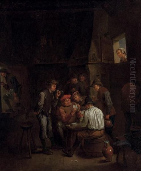 Boors Playing Cards In A Tavern Oil Painting by David The Younger Teniers