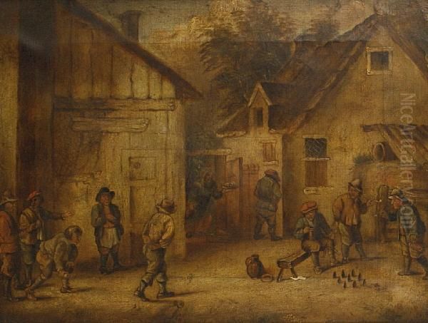 Figures Playing Boules Outside A Tavern Oil Painting by David The Younger Teniers