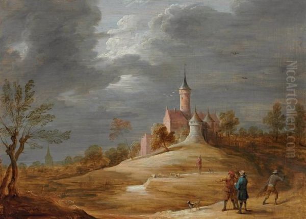 Figures In A Landscape With A Castle Beyond Oil Painting by David The Younger Teniers