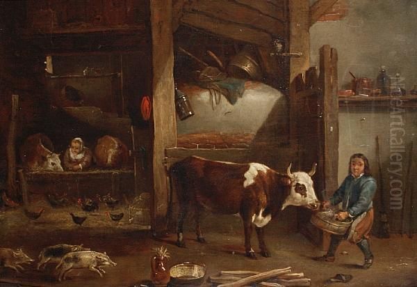 A Barn Interior With Figures Feeding Cattle Oil Painting by David The Younger Teniers