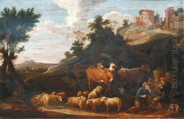 Bergers Gardant Leur Troupeau Au Pied De Ruines Romaines Oil Painting by David The Younger Teniers