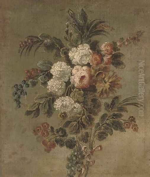 A swag of roses, chrysanthemums, redcurrants, blackcurrents and other flowers Oil Painting by Cornelis van Spaendonck