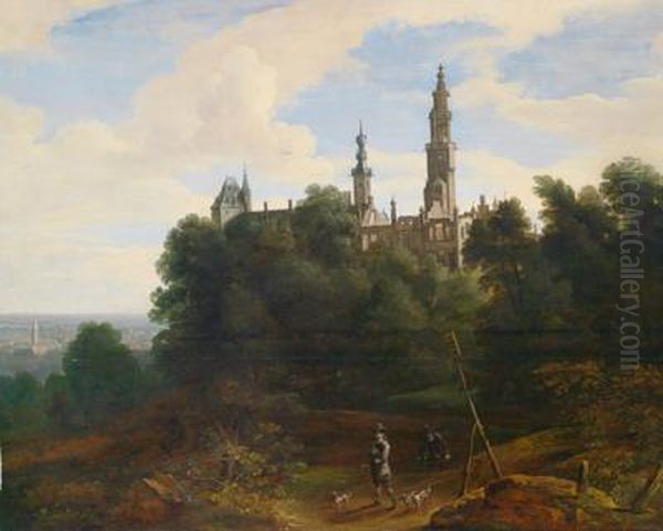 Hotel De Nassau In Brussel Mi Zwei Falkenjagern Und Hunden Im Vordergrund Oil Painting by David The Younger Teniers