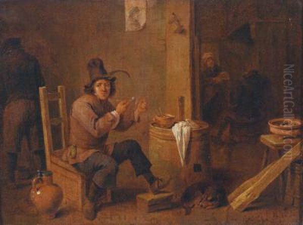 Umkreis Wirtshausinterieur Mit Einem Eine Pfeife Rauchenden Bauern Oil Painting by David The Younger Teniers