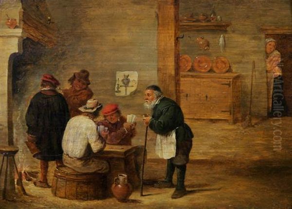 Men Gambling In An Interior Oil Painting by David The Younger Teniers