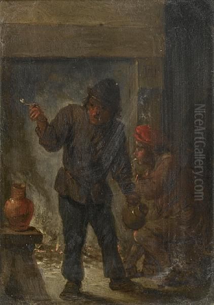 Two Topers Smoking In A Tavern Interior Oil Painting by David The Younger Teniers