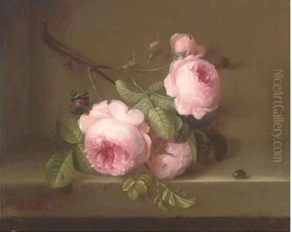 Roses on a ledge, a butterfly and a beatle Oil Painting by Cornelis van Spaendonck