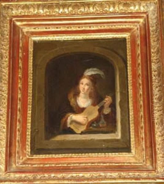 Lady With Guitar In A Niche Oil Painting by David The Younger Teniers