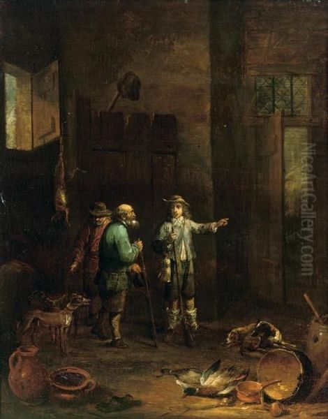 Huntsmen And Hounds In A Stable Interior Oil Painting by David The Younger Teniers