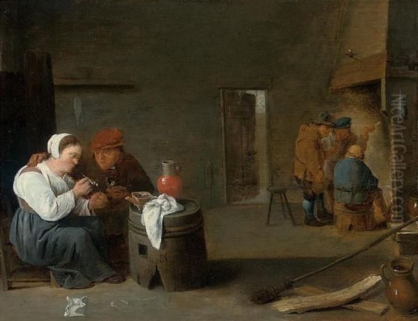 Peasants Smoking In An Interior Oil Painting by David The Younger Teniers