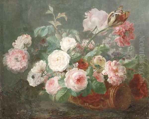 Still life of pink and white roses, carnations and tulips Oil Painting by Cornelis van Spaendonck