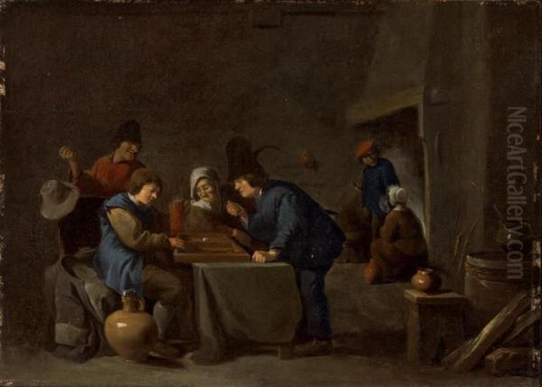 Peasants Playing Backgammon In A Tavern Oil Painting by David The Younger Teniers