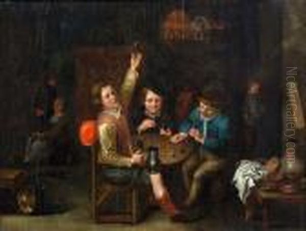 Drei Junge Manner In Einer Stube Beim Kartenspiel Oil Painting by David The Younger Teniers