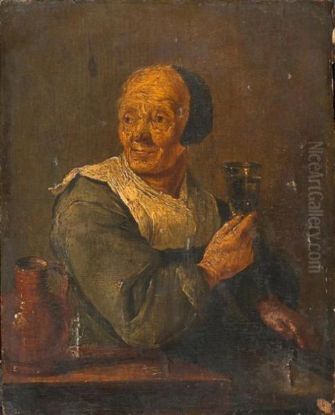 A Portrait Of A Lady With A Glass Of Wine Oil Painting by David The Younger Teniers