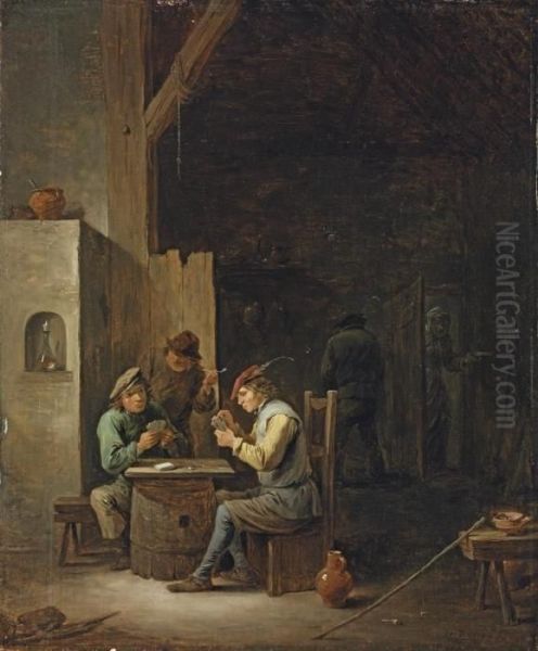 The Interior Of A Tavern With Young Men Playing Cards Oil Painting by David The Younger Teniers