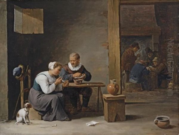 A Man And Woman Smoking A Pipe Oil Painting by David The Younger Teniers