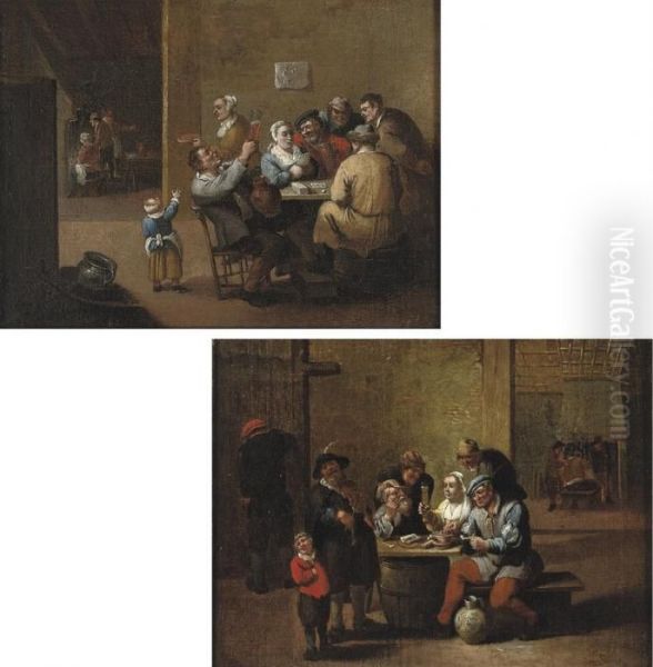 Boors Smoking, Drinking And 
Singing In An Interior; And Boors Drinking And Playing Cards In An 
Interior Oil Painting by David The Younger Teniers