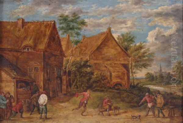 Village Scene With Men Bowling Oil Painting by David The Younger Teniers