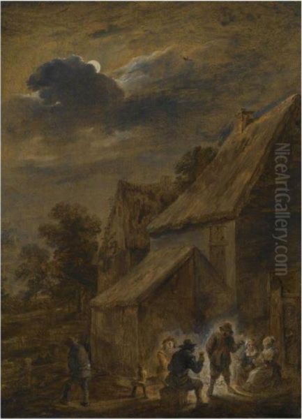 A Nightscene With Peasants Making Merry Outside An Inn Oil Painting by David The Younger Teniers