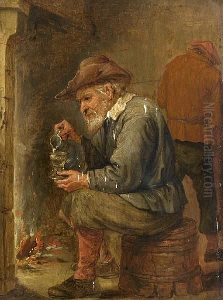 A Toper Holding A Jug And A Glass Before A Fire Oil Painting by David The Younger Teniers