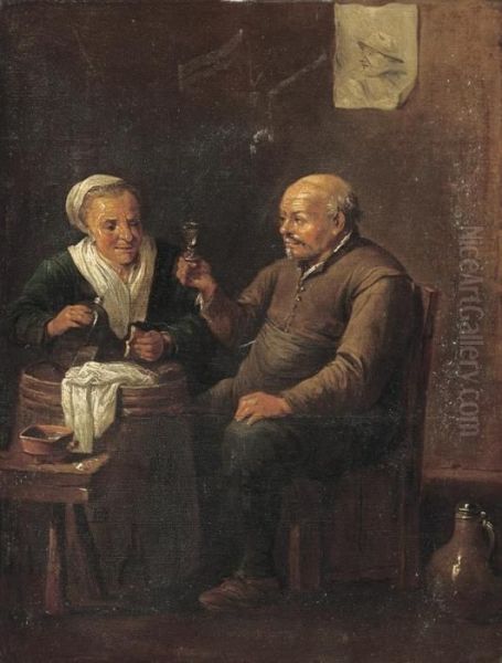 Peasants Drinking In An Interior Oil Painting by David The Younger Teniers