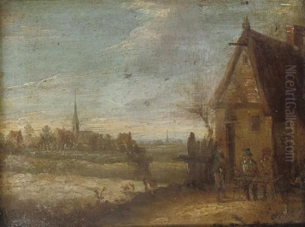 Figures Outside A Cottage, A Village Beyond Oil Painting by David The Younger Teniers