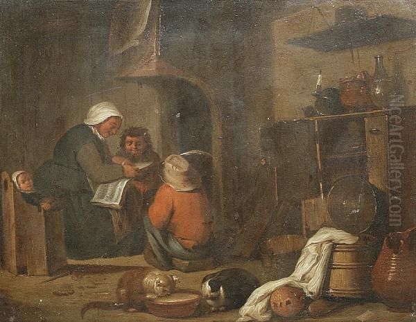 A Woman Reading A Book To Her Children In A Kitchen Oil Painting by David The Younger Teniers