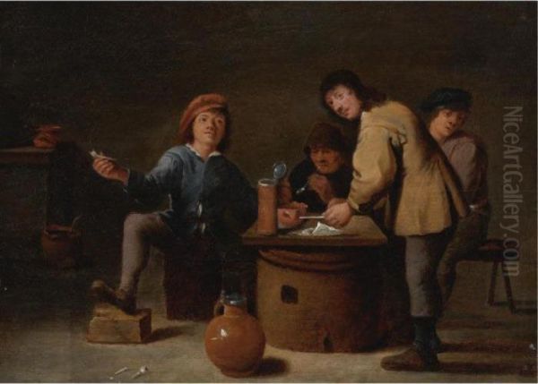 Interior With Smokers Around A Table Oil Painting by David The Younger Teniers