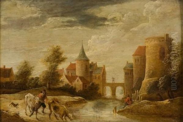 Stadtlandschaft Mit Bauer Und Kuhen Oil Painting by David The Younger Teniers