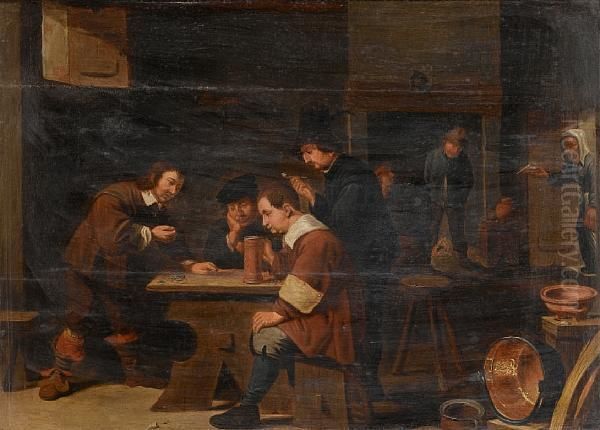 An Interior With Men Drinking And Playing Dice Oil Painting by David The Younger Teniers