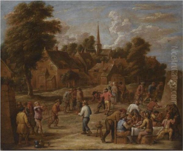 A Village Kermesse With Peasants
 Making Merry And Shooting With Bow And Arrow, A View Of A Church In The
 Background Oil Painting by David The Younger Teniers