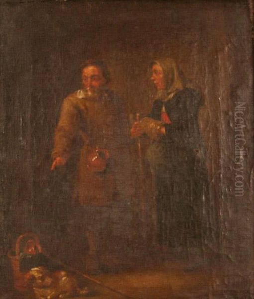 Interior Scene With An Elderly 
Couple In Conversation Looking Towards A Spaniel And A Basket Oil Painting by David The Younger Teniers