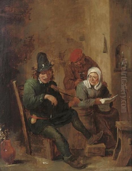 Peasants Making Music In An Interior Oil Painting by David The Younger Teniers