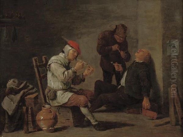 Peasants Smoking In An Interior Oil Painting by David The Younger Teniers