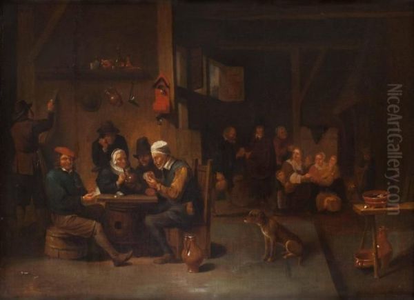 Vardshusinterior Med Kortspelande Bonder. Oil Painting by David The Younger Teniers