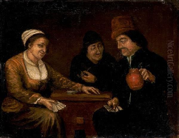 Three Peasants Playing Cards Oil Painting by David The Younger Teniers