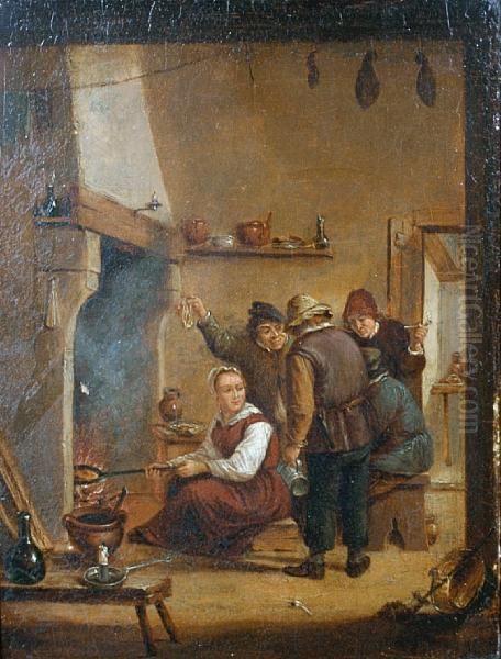 Interior With Peasants Beside A Fire Oil Painting by David The Younger Teniers