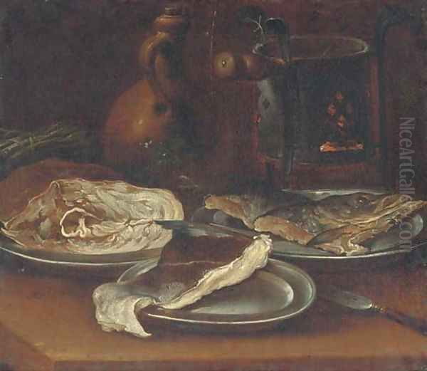 A warming plate, a jug, asparagus and three pewter plates with pieces of fish on a table Oil Painting by Spanish School