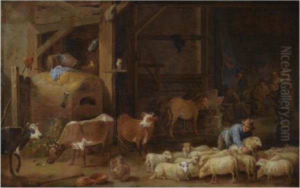 A Barn Interior With A Peasant 
And His Flock Of Sheep And Cattle, Agroup Of Peasants Drinking And 
Smoking In The Background Oil Painting by David The Younger Teniers